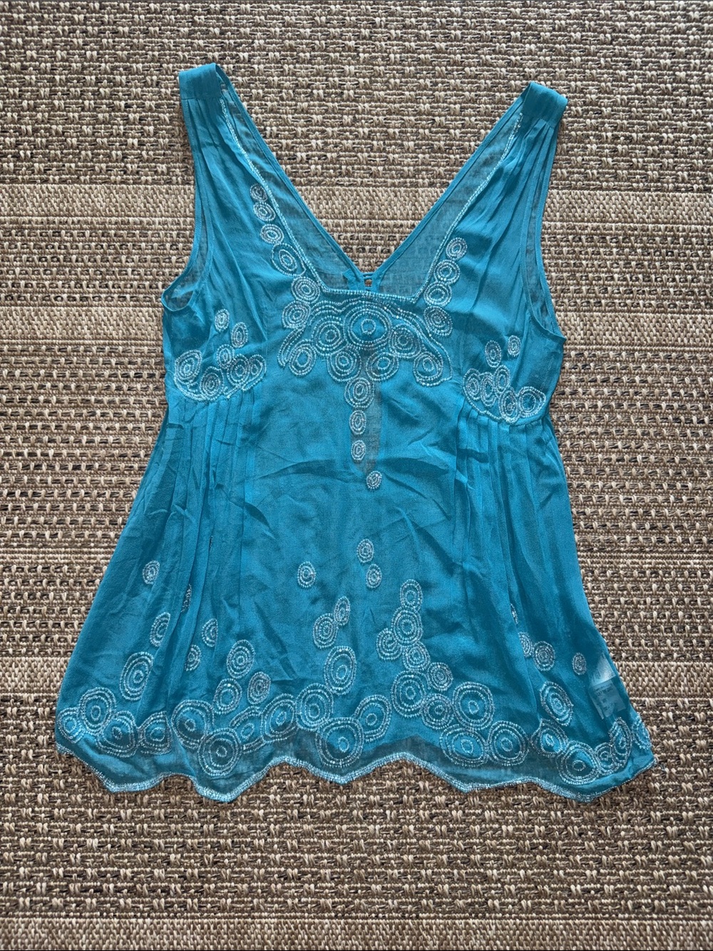 French Connection Silk Beaded Embroidered Steel Blue V-Neck Women's Tank Top
